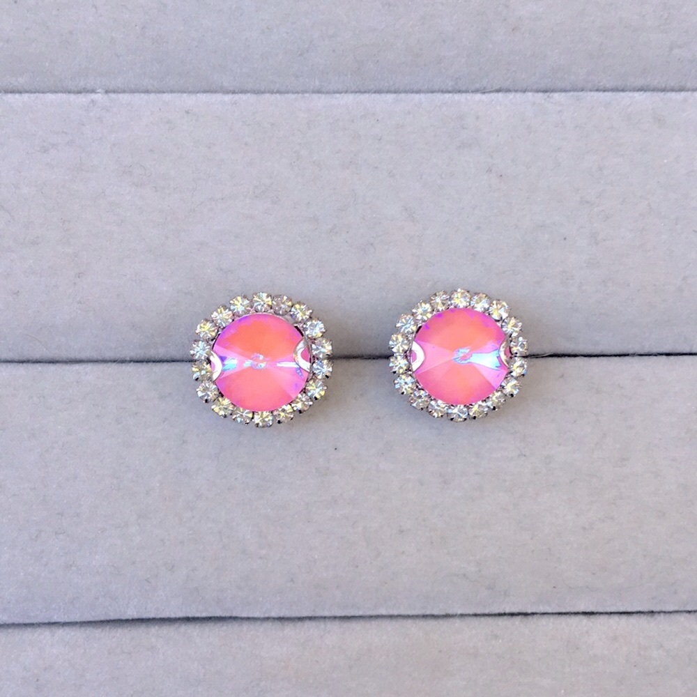 Rose Hot Pink Aurora Borealis + Silver Crystal Halo Rivoli Earrings